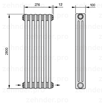 Схема (чертеж) Радиатор Zehnder Charleston 3280/6 №2670 Белый глянцевый RAL 9016